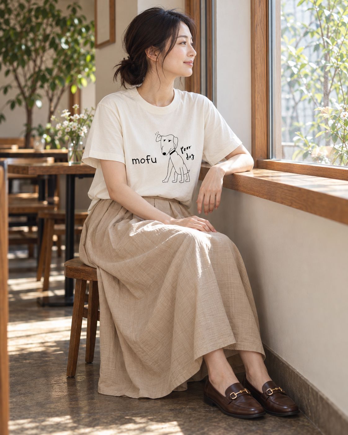 カフェの窓際の席に座り、外を眺める女性。白いTシャツにベージュのロングスカート