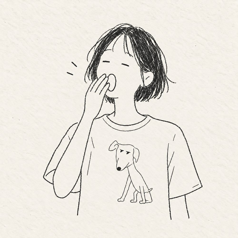 白いTシャツの胸もとにプアが乗っている。着た人はあくびをしている