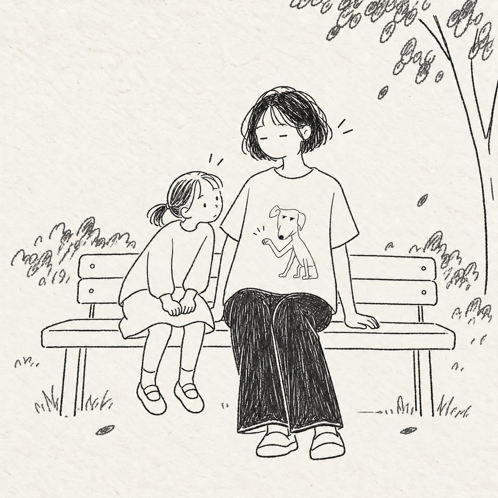 ベンチで、小さな子どもが心配そうにプアをのぞきこむ。プアは前足を少し上げている