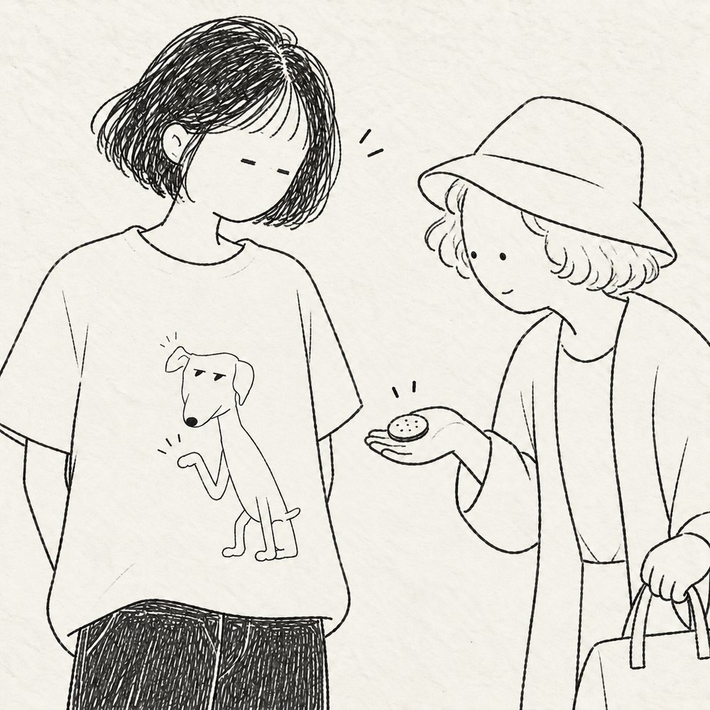 胸を張って、どや顔で前足をふるプア。おばあさんがビスケットを一枚さし出している